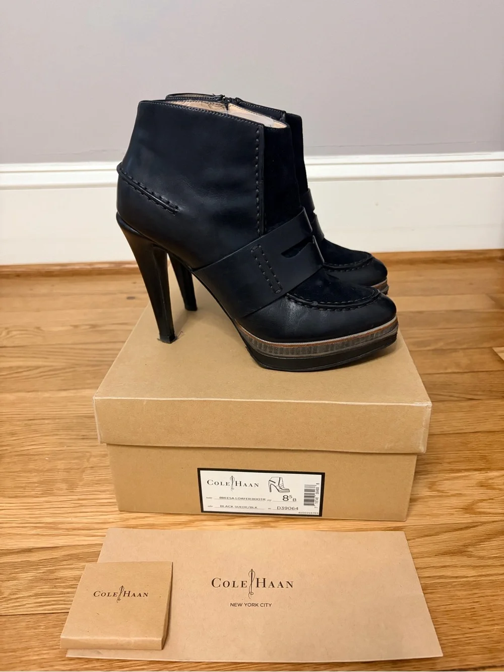 Cole Haan Black Leather and Suede Platform Ankle Booties
